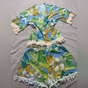 Tropical Floral Kimono and Shorts Set
